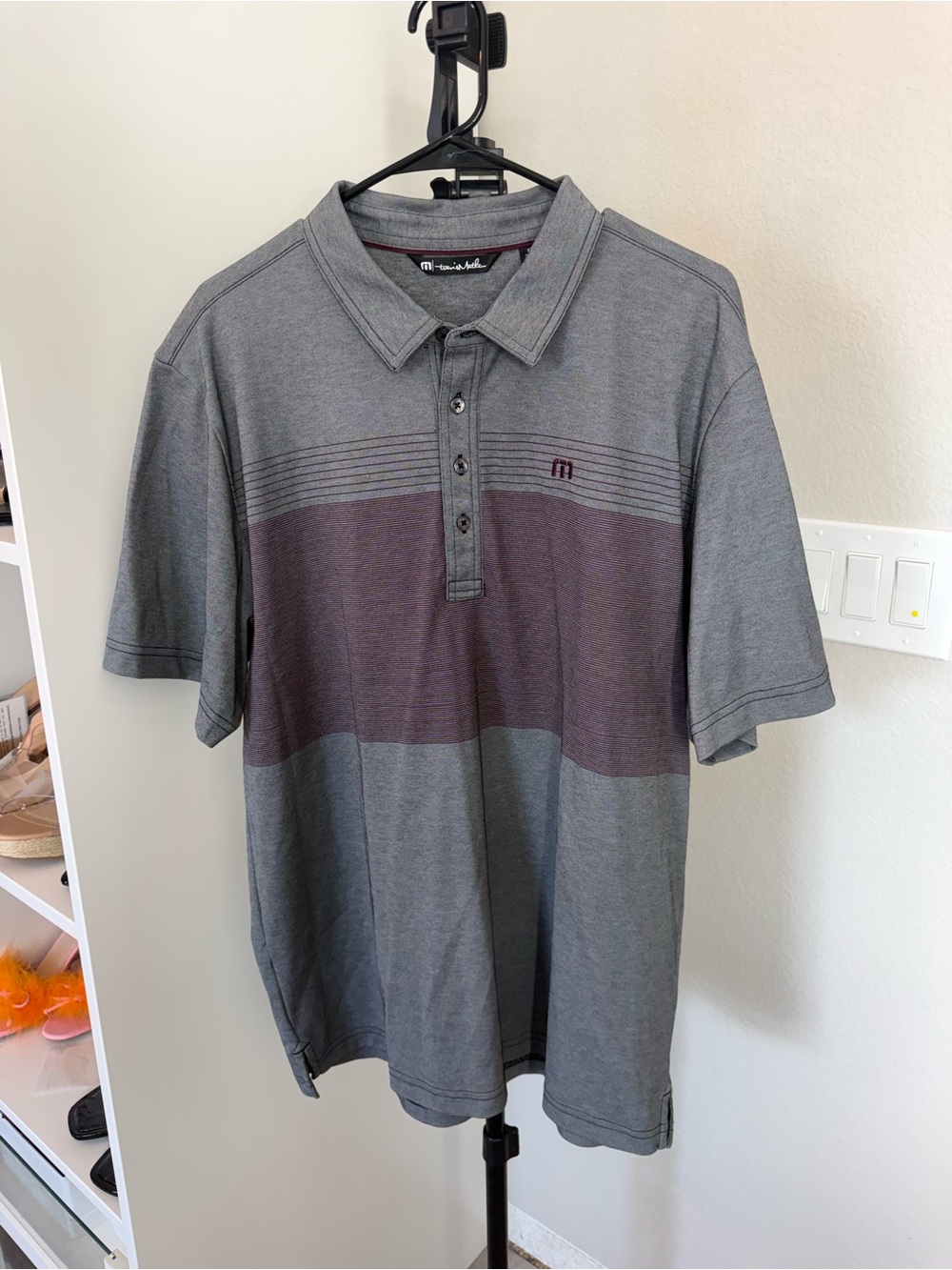 Travis Mathew Gray Polo with Burgundy Chest Band